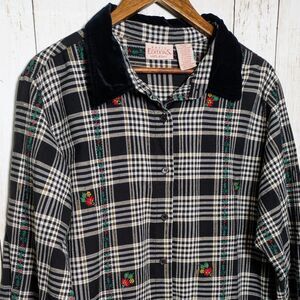Vintage Christmas Button Up Shirt Womens XL Black Plaid Velvet Collar Holiday